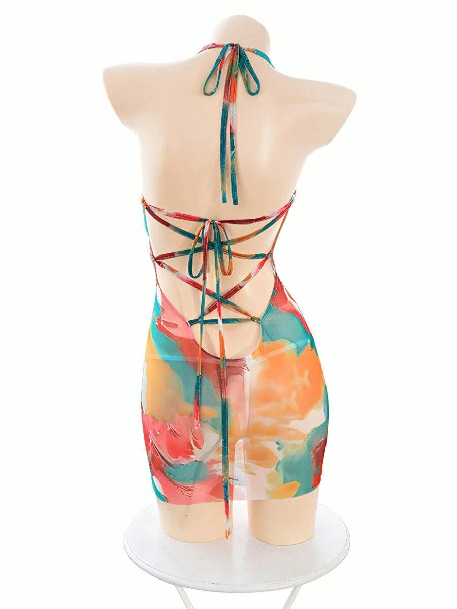 SHEIN فستان قصير بطبعة ملونة