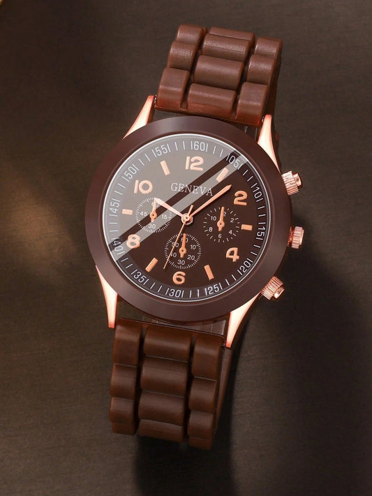 SHEIN ساعة نسائية كرونوغراف كوارتز متعددة الوظائف بني وذهبي وردي