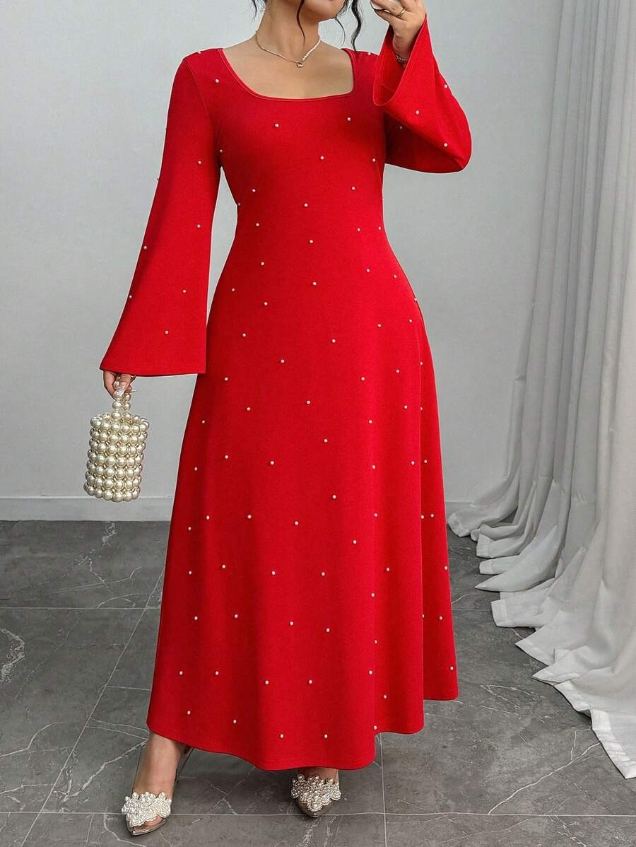 SHEIN Elenzga فستان طويل أنيق مزين بالخرز بلون أحمر