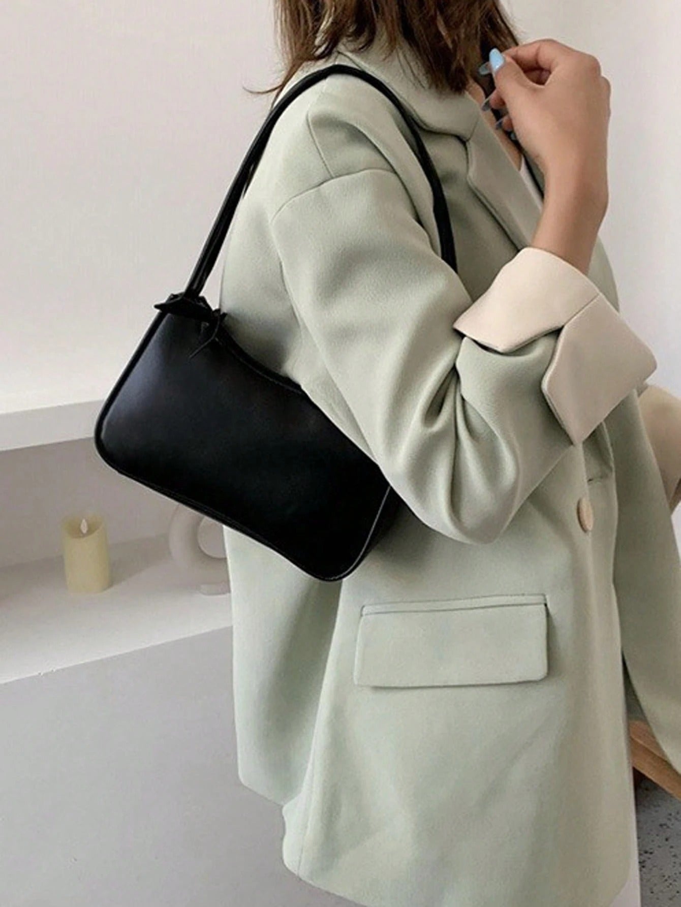 SHEIN حقيبة كتف صغيرة بلون أسود جلد كاجوال بسحاب
