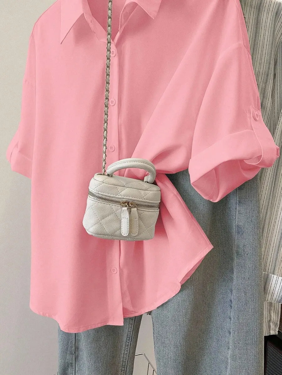 SHEIN Resyla بلوزة كاجوال بأكمام مدلفنة بلون سادة للنساء