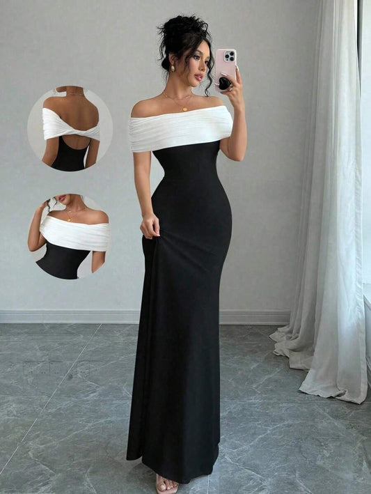 SHEIN Rafferiza فستان طويل أنيق بلون أبيض وأسود