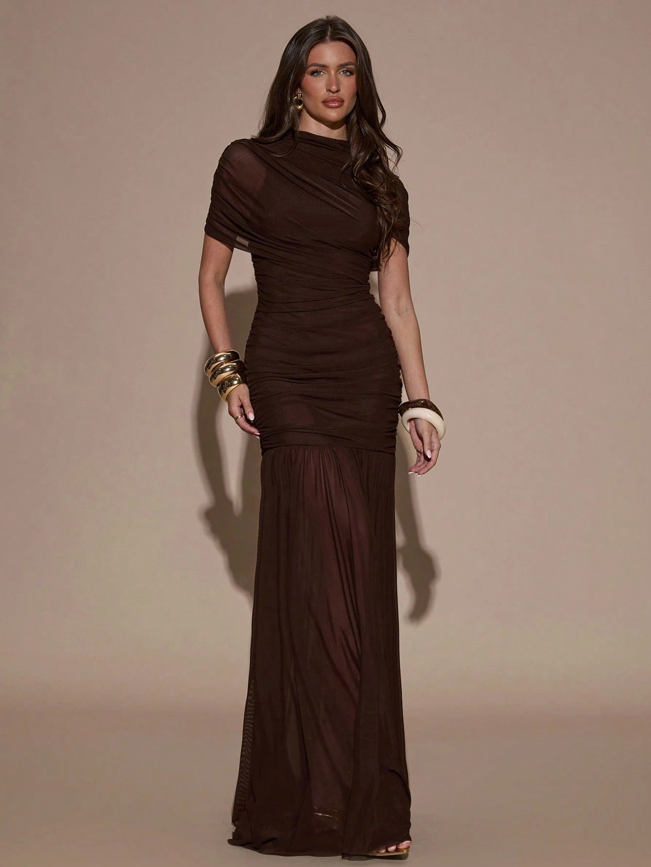 SHEIN BAE فستان بني ضيق مطوي أنيق