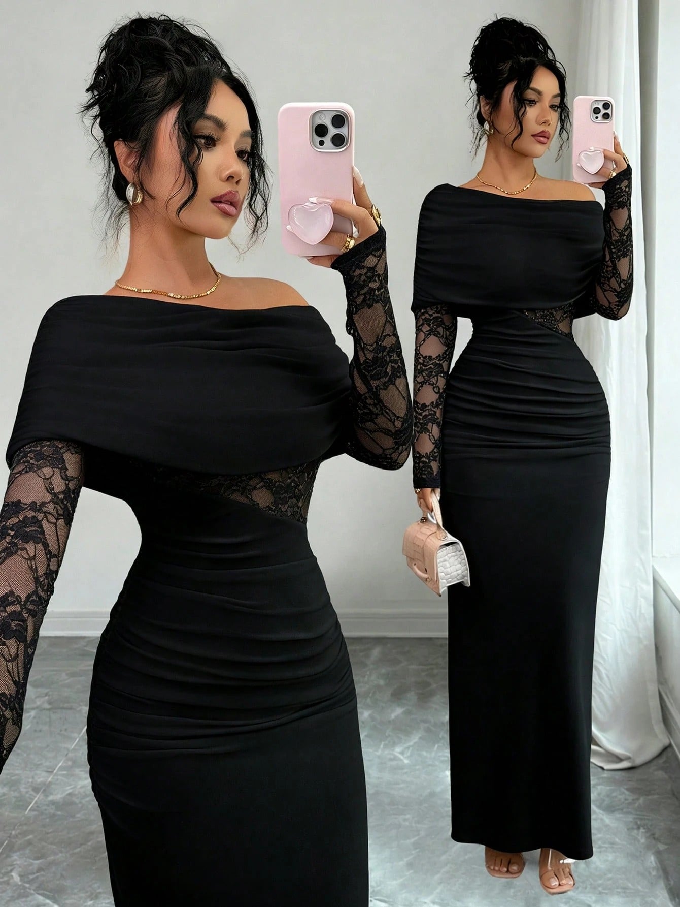 SHEIN Rafferiza فستان أسود طويل الأكمام برقبة غير متماثلة ودانتيل وكشكشة
