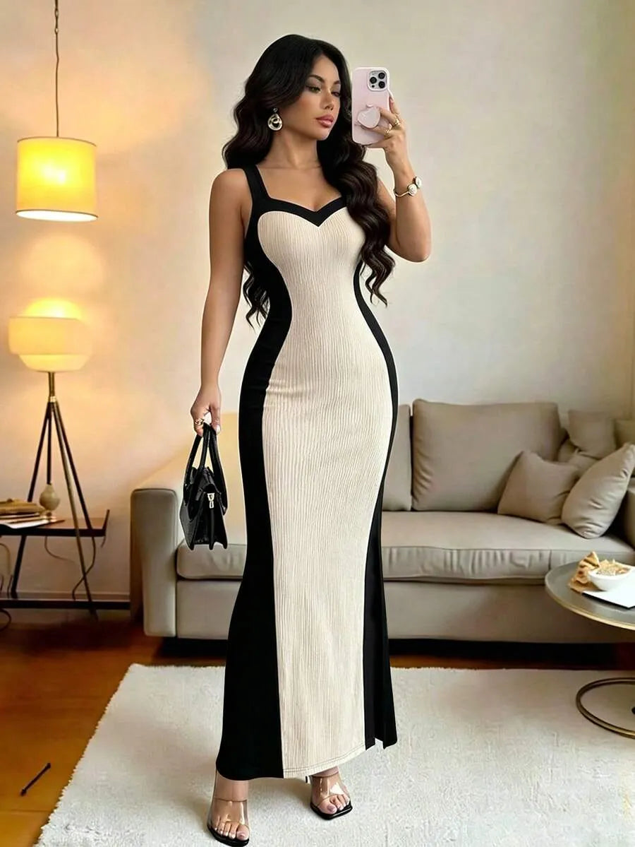 SHEIN Elenzga فستان نسائي جديد بقماش متباين وقصة ضيقة بدون أكمام أسود اللون