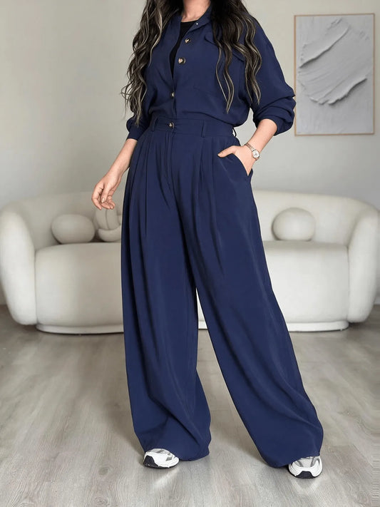 SHEIN جمبسوت كارجو ازرق داكن بخصر محدد وساق واسعة