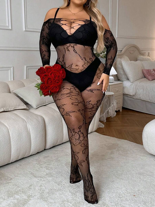 SHEIN بودي سوت أسود بأكمام طويلة وكتف مكشوف