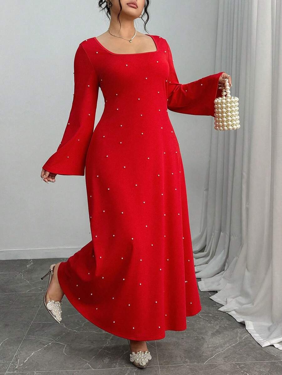 SHEIN Elenzga فستان طويل أنيق مزين بالخرز بلون أحمر