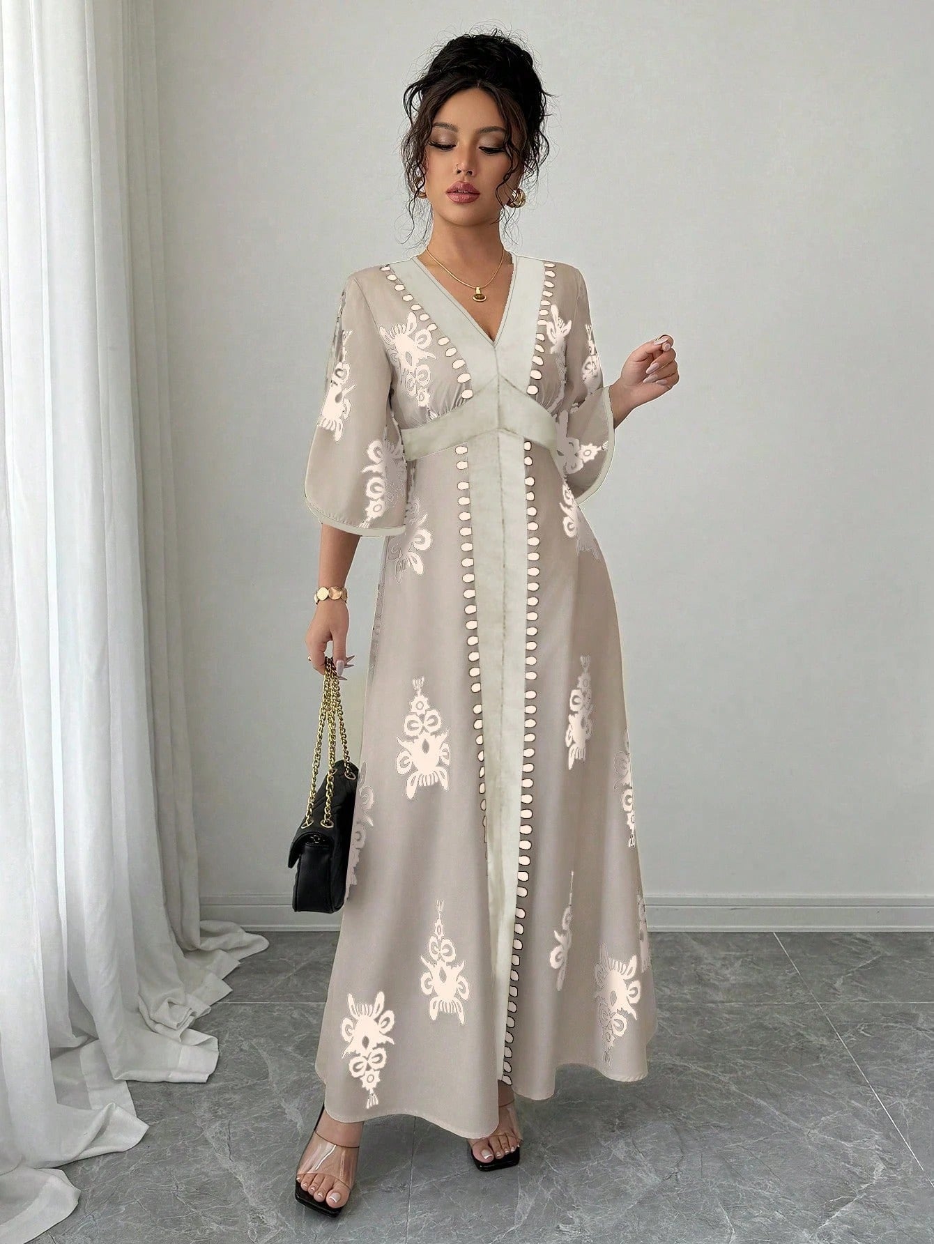 SHEIN Rafferiza فستان كاجوال طويل مطبوع بجرافيك بأكمام طويلة