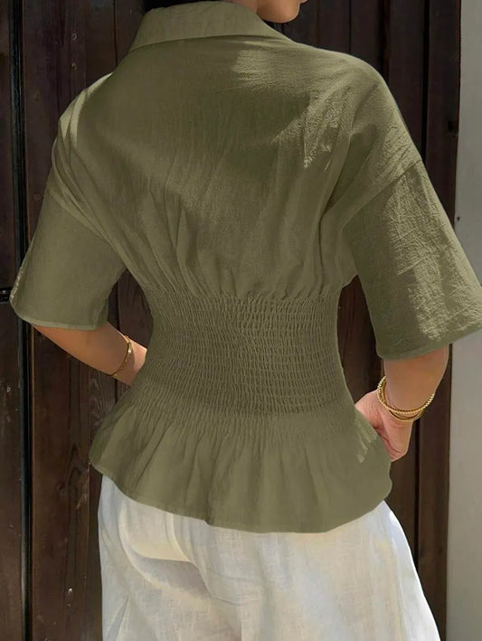 SHEIN EZwear بلوزة نسائية كاجوال أخضر زيتوني بأكمام قصيرة وخصر مطوي