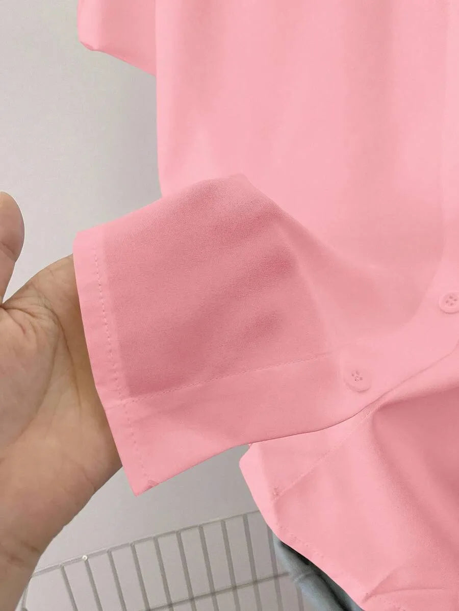 SHEIN Resyla بلوزة كاجوال بأكمام مدلفنة بلون سادة للنساء