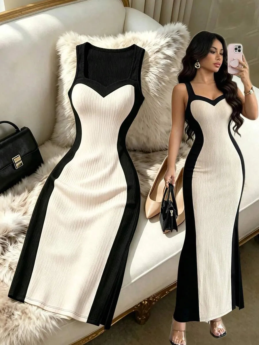 SHEIN Elenzga فستان نسائي جديد بقماش متباين وقصة ضيقة بدون أكمام أسود اللون