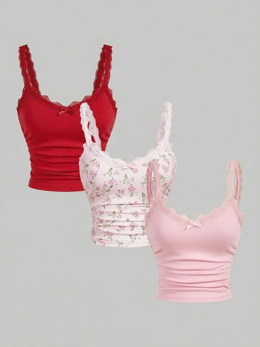 SHEIN MOD طقم 3 توبات نسائية كامي قصيرة بحمالات رفيعة وتفاصيل دانتيل متعدد الألوان