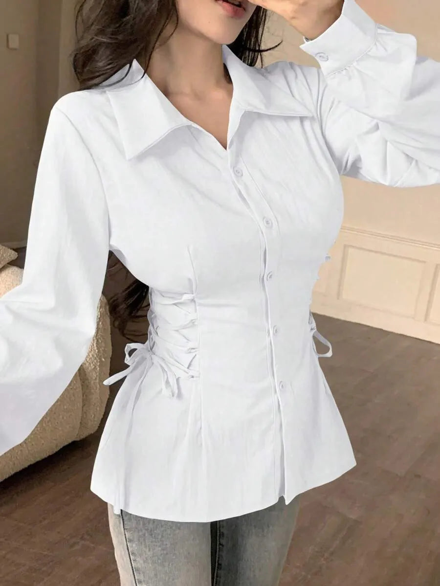 SHEIN Modelyn قميص نسائي فضفاض طويل بأزرار ورباط خصر بلون أبيض