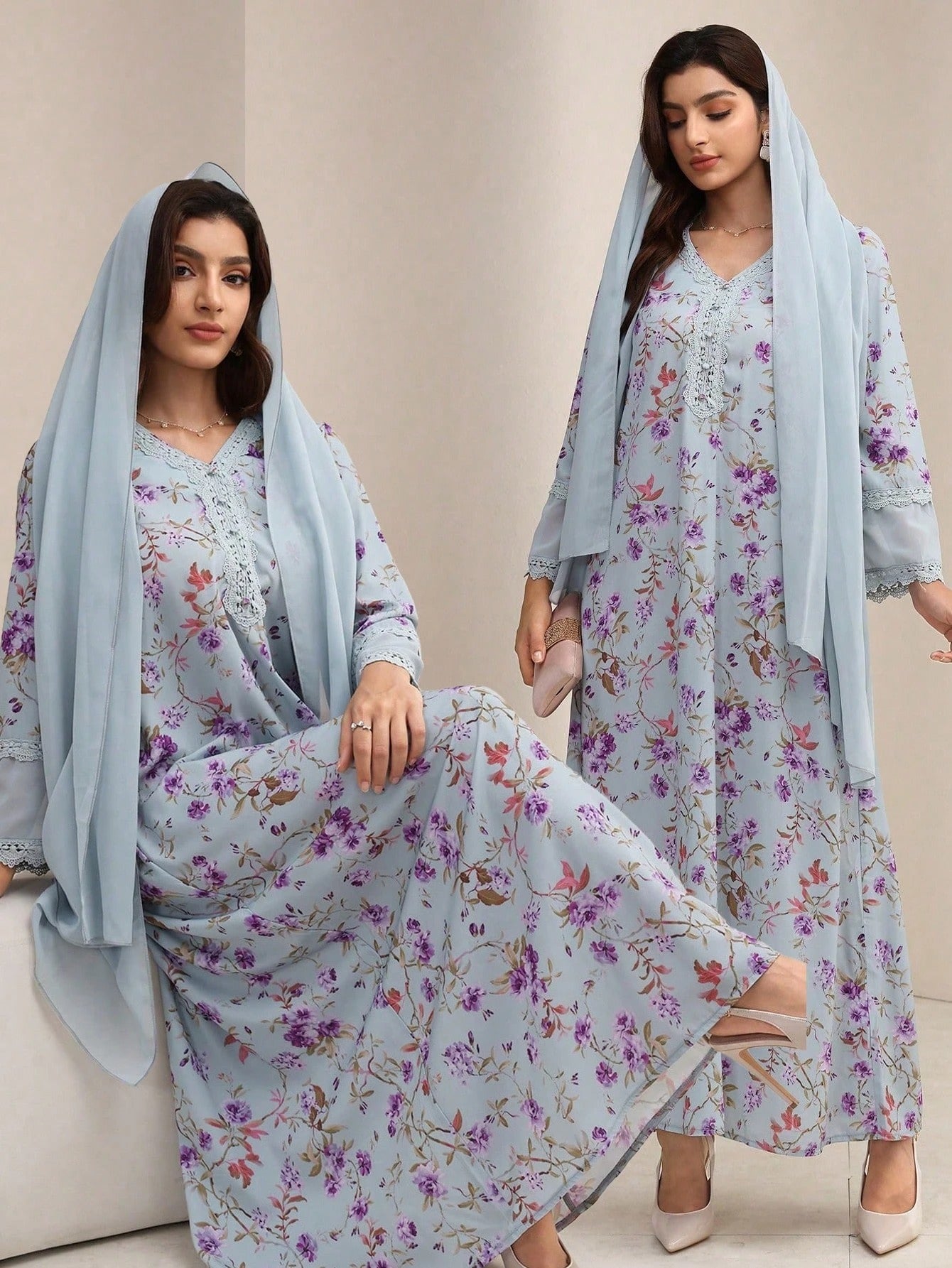 SHEIN Yasmyna  Vفستان شيفون وردي بياقة بطبعة زهرية مع وشاح