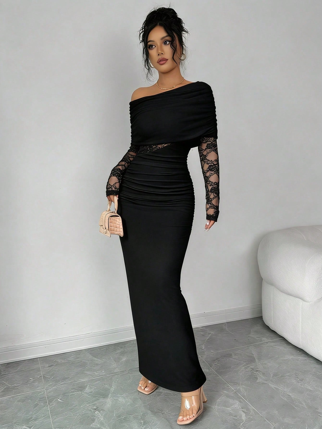 SHEIN Rafferiza فستان أسود طويل الأكمام برقبة غير متماثلة ودانتيل وكشكشة