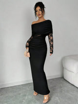 SHEIN Rafferiza فستان أسود طويل الأكمام برقبة غير متماثلة ودانتيل وكشكشة
