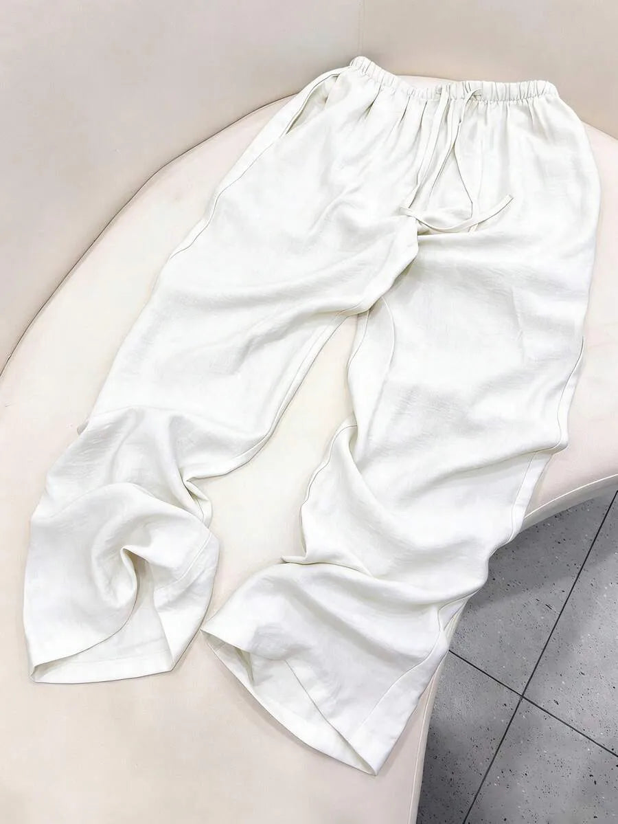 SHEIN بنطلون نسائي واسع الساق بخصر مطاطي ورباط