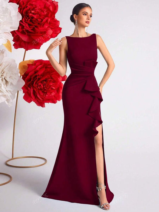 SHEIN ADYCE  فستان رسمي أنيق عنابي طويل بفتحة ظهر وكشكشة ناعمة