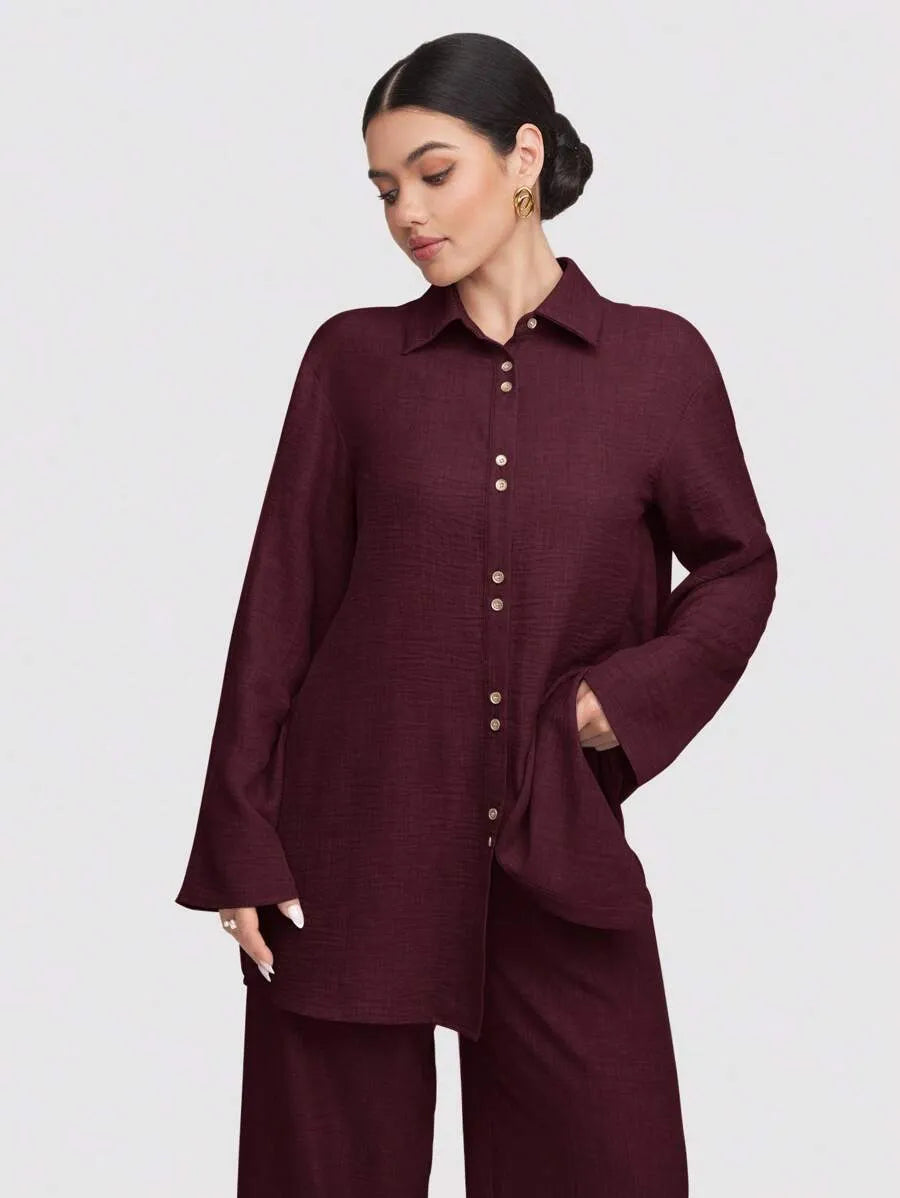 SHEIN Veilorie طقم نسائي قطعتين بلوزة بياقة قميص وبنطال طويل بلون عنابي