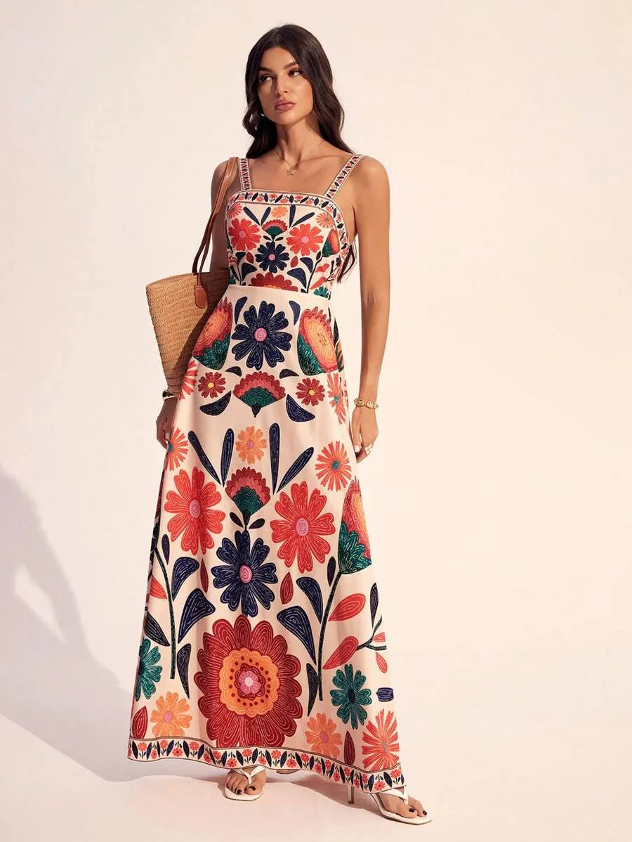 SHEIN Tall فستان نسائي ماكسي بحمالات رفيعة وخصر مجمع ونقشة زهور بلون مشمشي