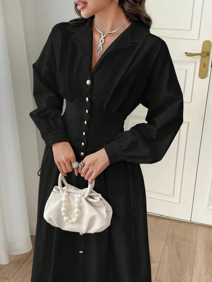 SHEIN Modelyn فستان قميص طويل بأزرار أمامية وخصر محدد بلون أسود