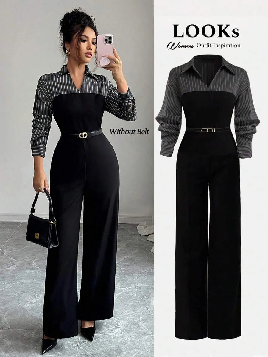 SHEIN جمبسوت نسائي طويل الأكمام بياقة وسحاب بلون الأسود