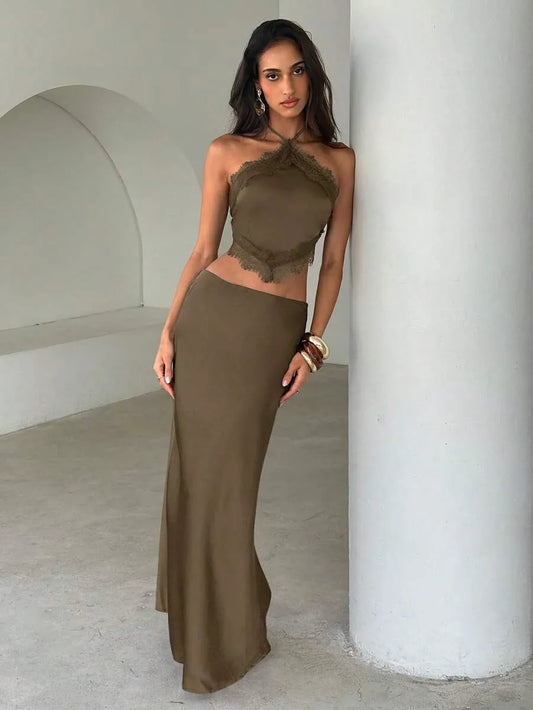 SHEIN Aloruh طقم قطعتين بلون بني توب قصير وتنورة ماكسي بقصة ضيقة