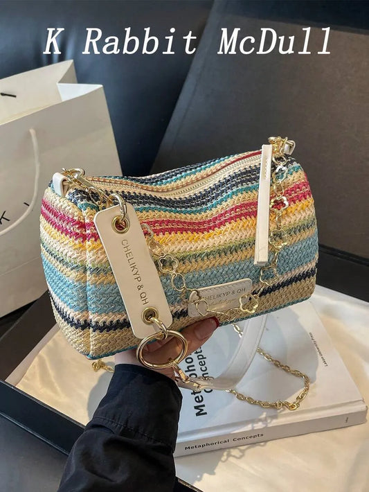 SHEIN حقيبة كتف وكروس بودي من القش المنسوج بخطوط متباينة