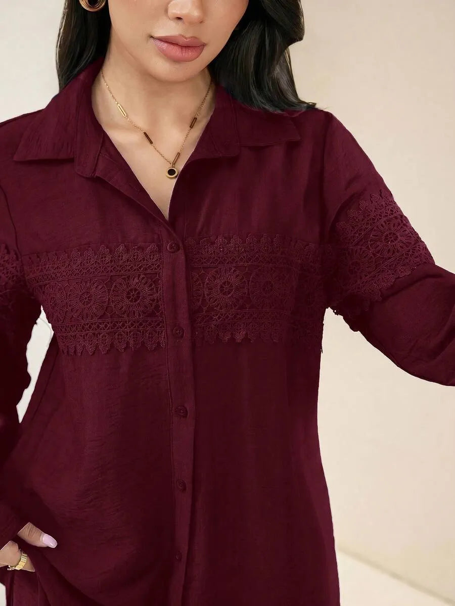 SHEIN Veilorie طقم نسائي قطعتين بلوزة بأزرار أمامية وبنطال بلون عنابي