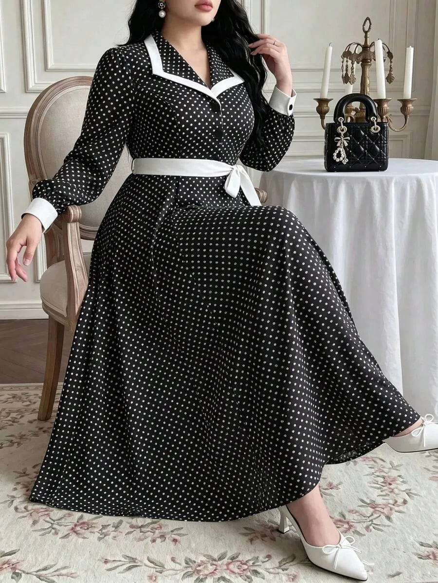 SHEIN Vibekara فستان نسائي طويل بياقة وأكمام طويلة وطيات جانبية باللونين الأسود والأبيض