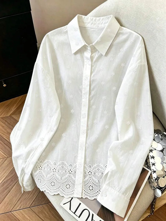 SHEIN Franclia بلوزة قطنية فضفاضة مطرزة بلون أحادي للنساء