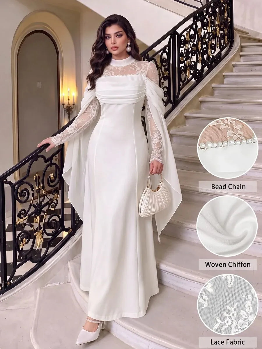 SHEIN Modelyn فستان طويل من الدانتيل بياقة واقفة وأكمام واسعة وخصر مرتفع بلون أبيض
