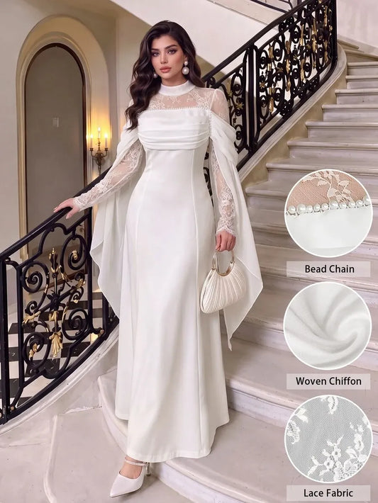 SHEIN Modelyn فستان طويل من الدانتيل بياقة واقفة وأكمام واسعة وخصر مرتفع بلون أبيض
