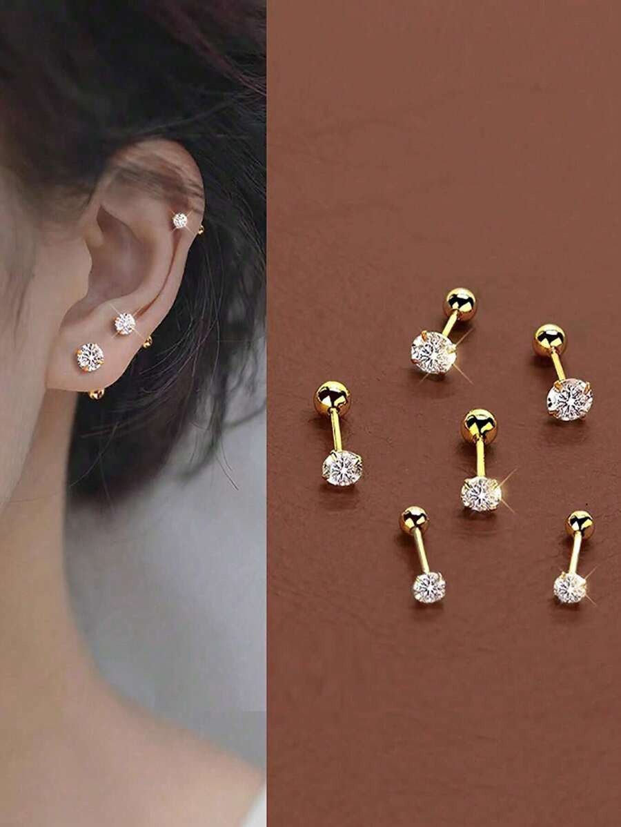 SHEIN طقم 6 أقراط ستانلس ستيل مزينة بزركونيا