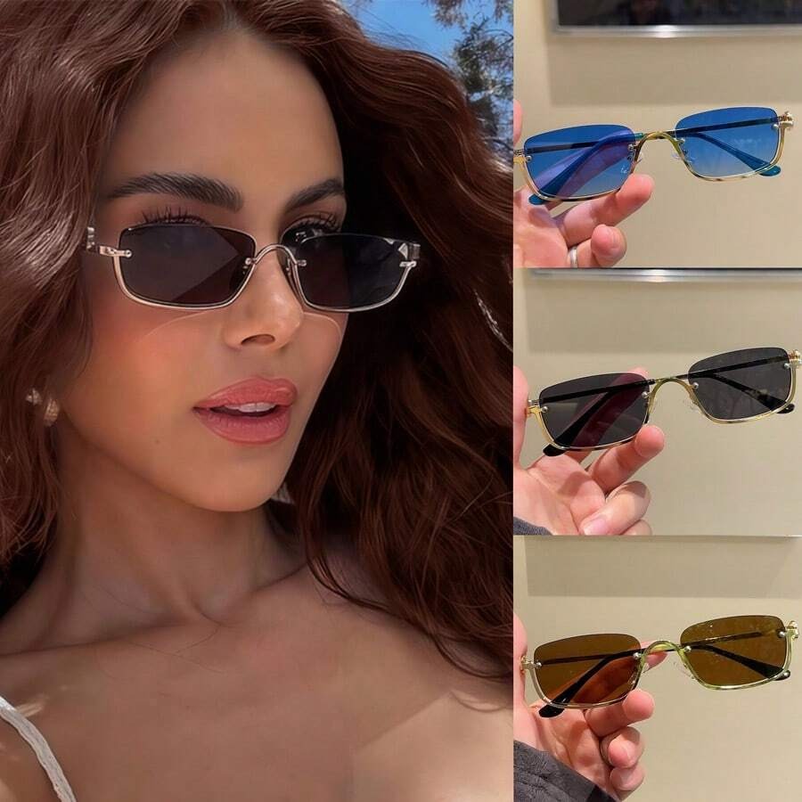 SHEIN نظارة شمس بتصميم ماسي بنص إطار ذهبي/رمادي