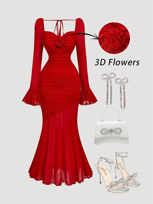 SHEIN MOD فستان أحمر كبير الحجم بأكمام جرس وتصميم ذيل السمكة