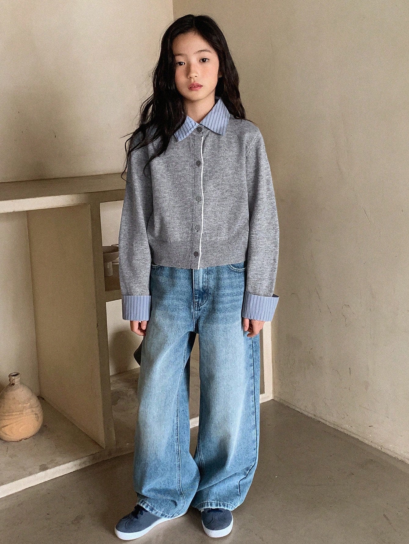 SHEIN كارديجان مخطط للفتيات المراهقات تصميم بسيط وعصري