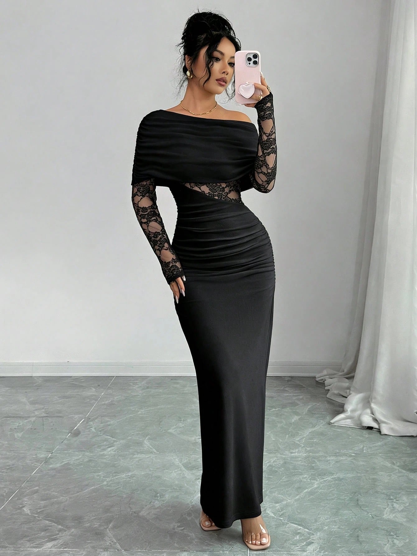 SHEIN Rafferiza فستان أسود طويل الأكمام برقبة غير متماثلة ودانتيل وكشكشة