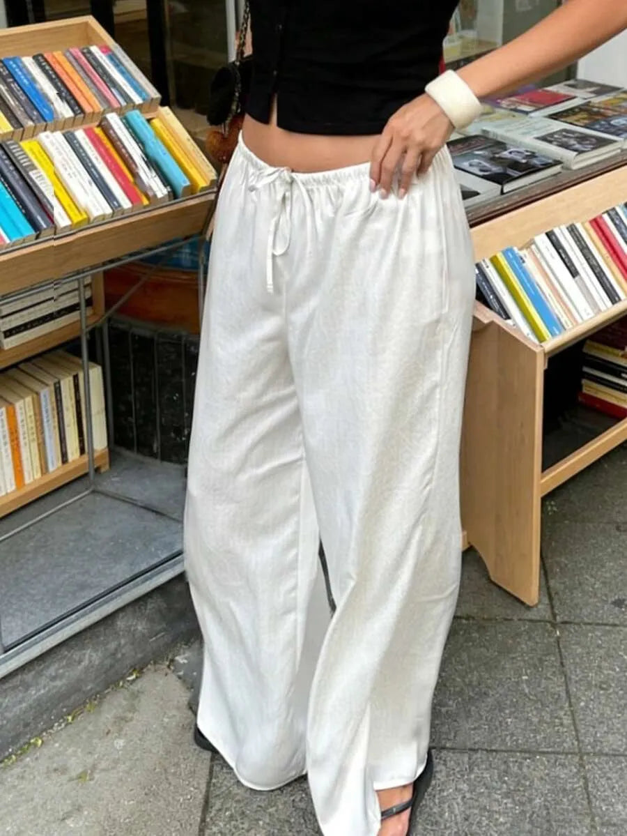 SHEIN بنطلون نسائي واسع الساق بخصر مطاطي ورباط