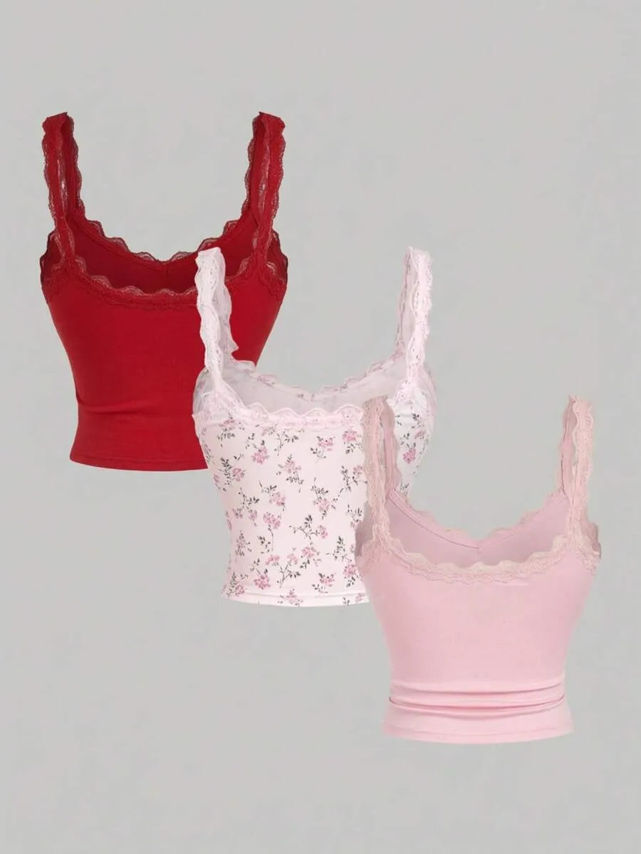 SHEIN MOD طقم 3 توبات نسائية كامي قصيرة بحمالات رفيعة وتفاصيل دانتيل متعدد الألوان