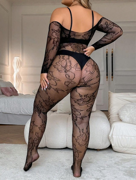 SHEIN بودي سوت أسود بأكمام طويلة وكتف مكشوف