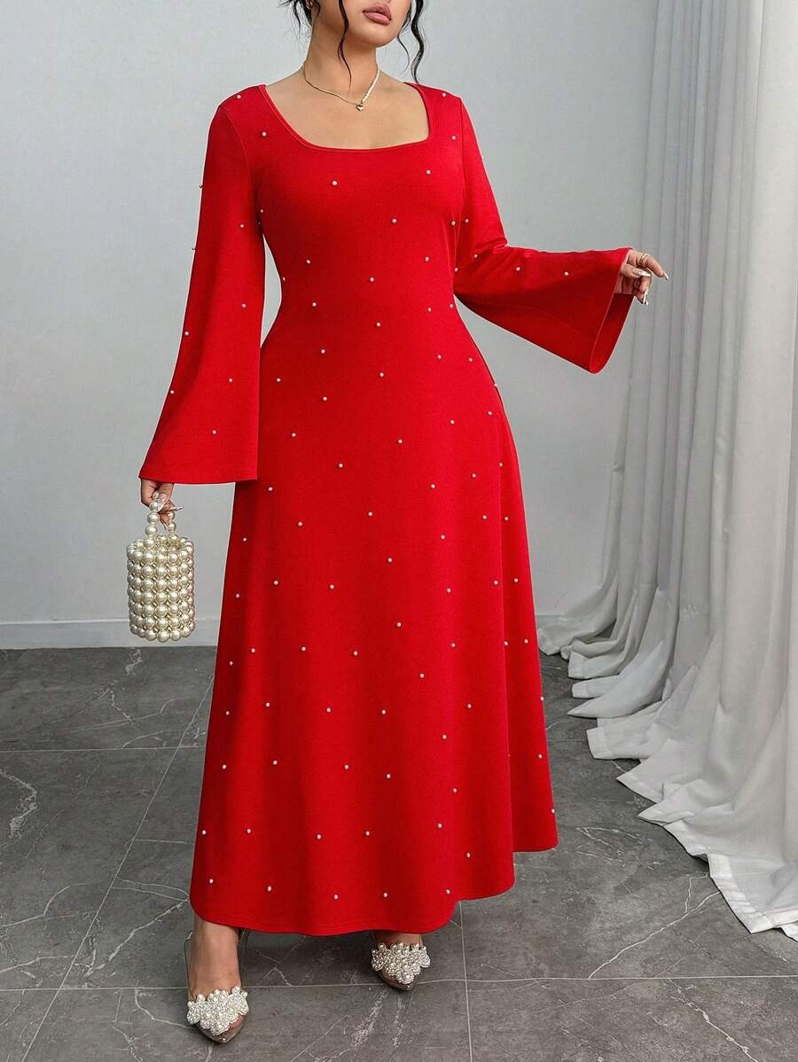 SHEIN Elenzga فستان طويل أنيق مزين بالخرز بلون أحمر