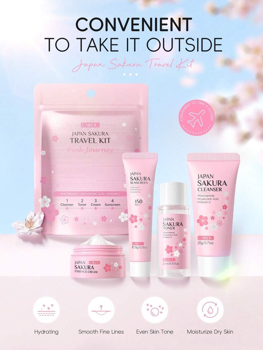 LAIKOU مجموعة عناية بالبشرة 4 قطع بزهر الكرز تشمل واقي شمس وكريم ومنظف