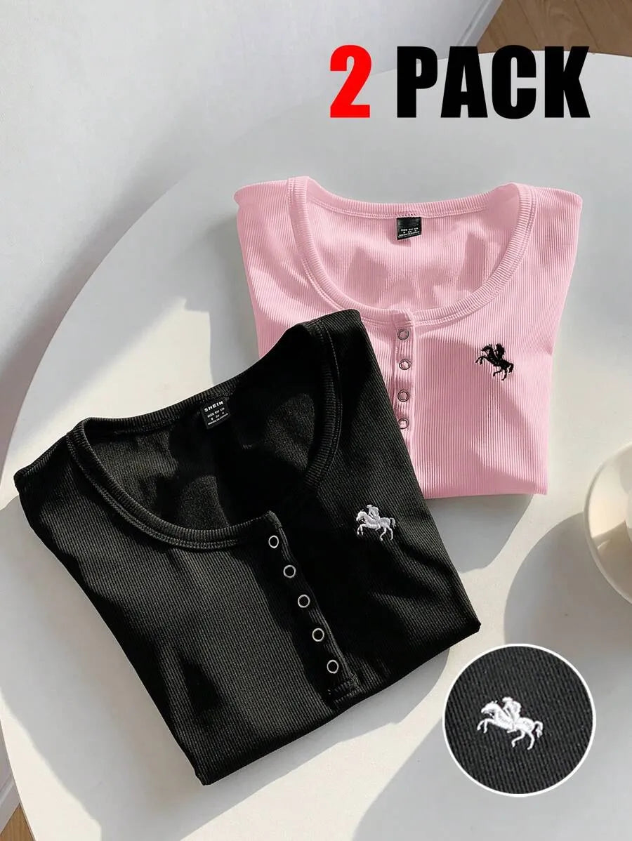 SHEIN Comfortcana طقم 2 قطعة تي شيرت نسائي ضيق بأكمام قصيرة وتطريز بلون وردي