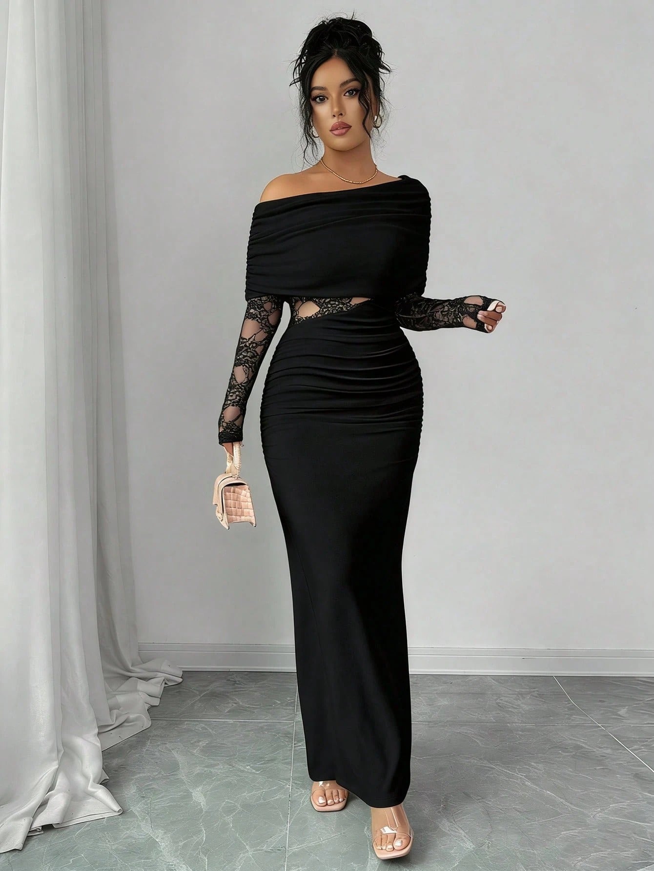 SHEIN Rafferiza فستان أسود طويل الأكمام برقبة غير متماثلة ودانتيل وكشكشة