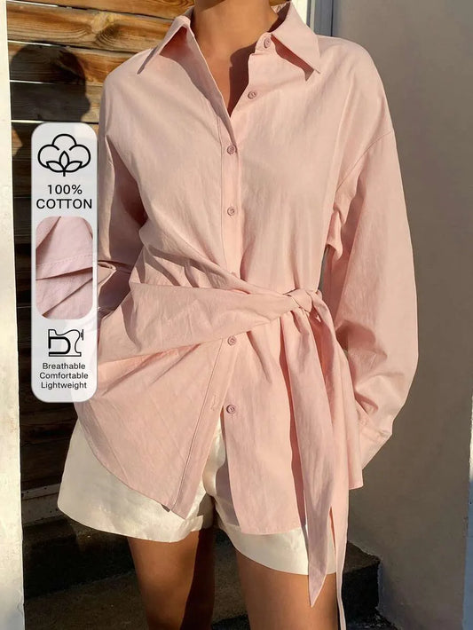 SHEIN X GALILEA Livesso بلوزة نسائية وردية أنيقة بحزام خصر وأكمام طويلة