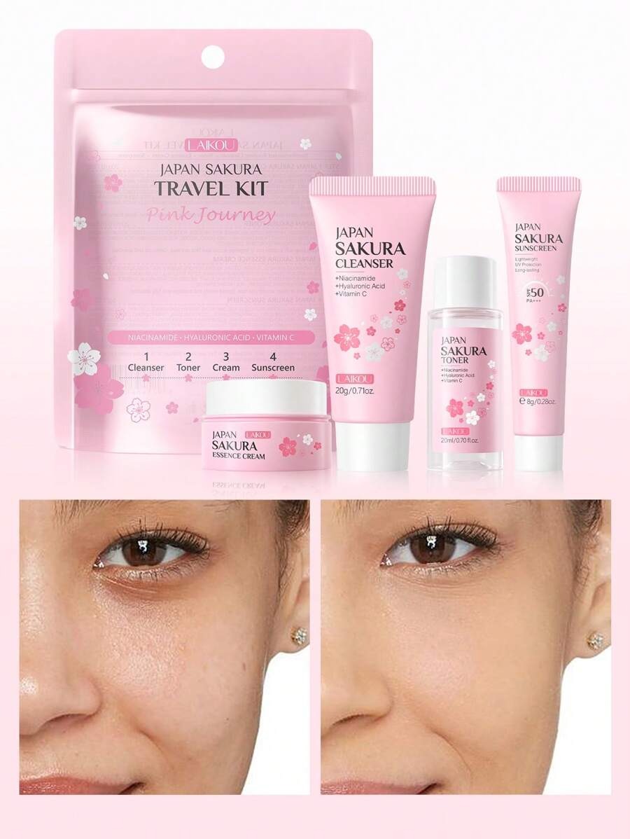 LAIKOU مجموعة عناية بالبشرة 4 قطع بزهر الكرز تشمل واقي شمس وكريم ومنظف