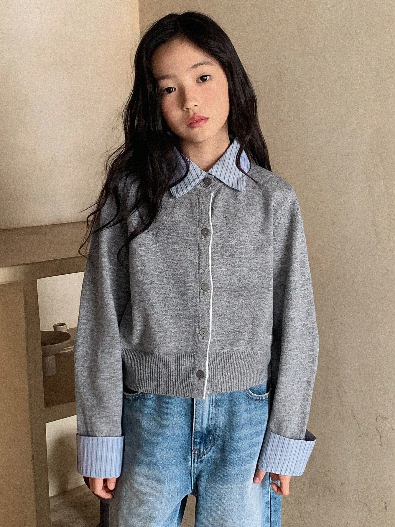 SHEIN كارديجان مخطط للفتيات المراهقات تصميم بسيط وعصري