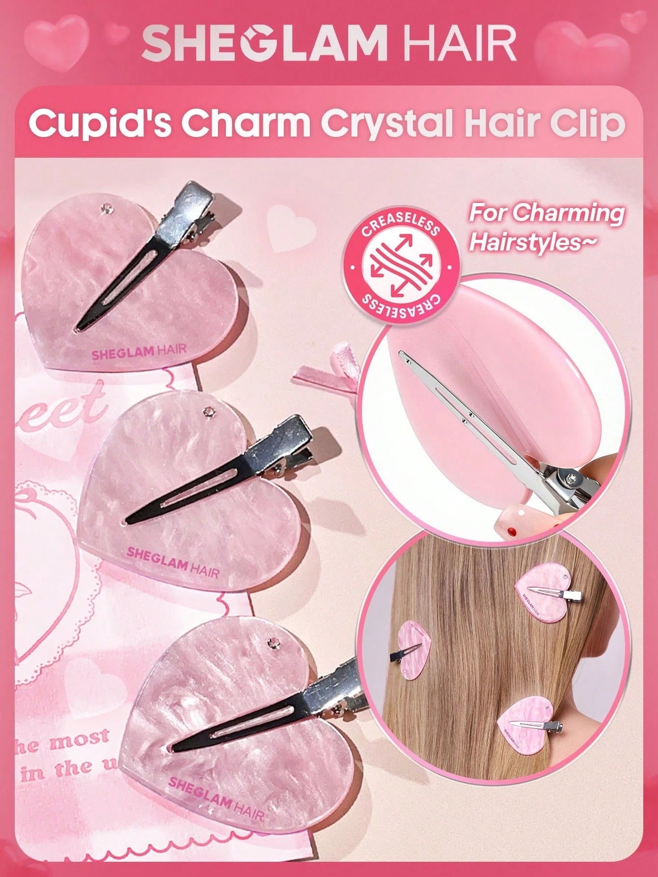 SHEGLAM HAIR مشبك شعر كريستالي وردي لتثبيت أنيق دون تشابك